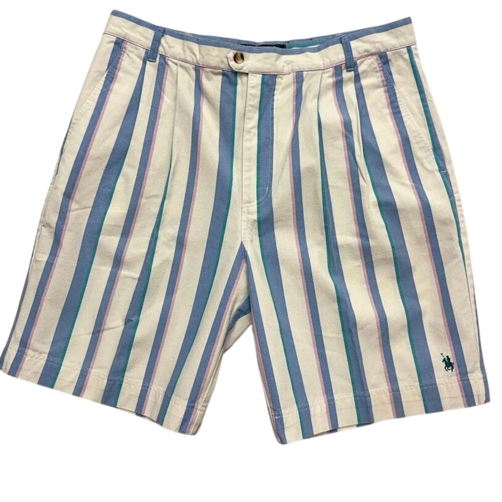 Vintage Pastel Stripe Pleated Chino Bermuda Shorts Size 38